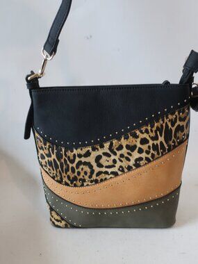 NWT Womens M.C. Black Tan Cheetah Print Gold Studded Leather Crossbody Handbag
